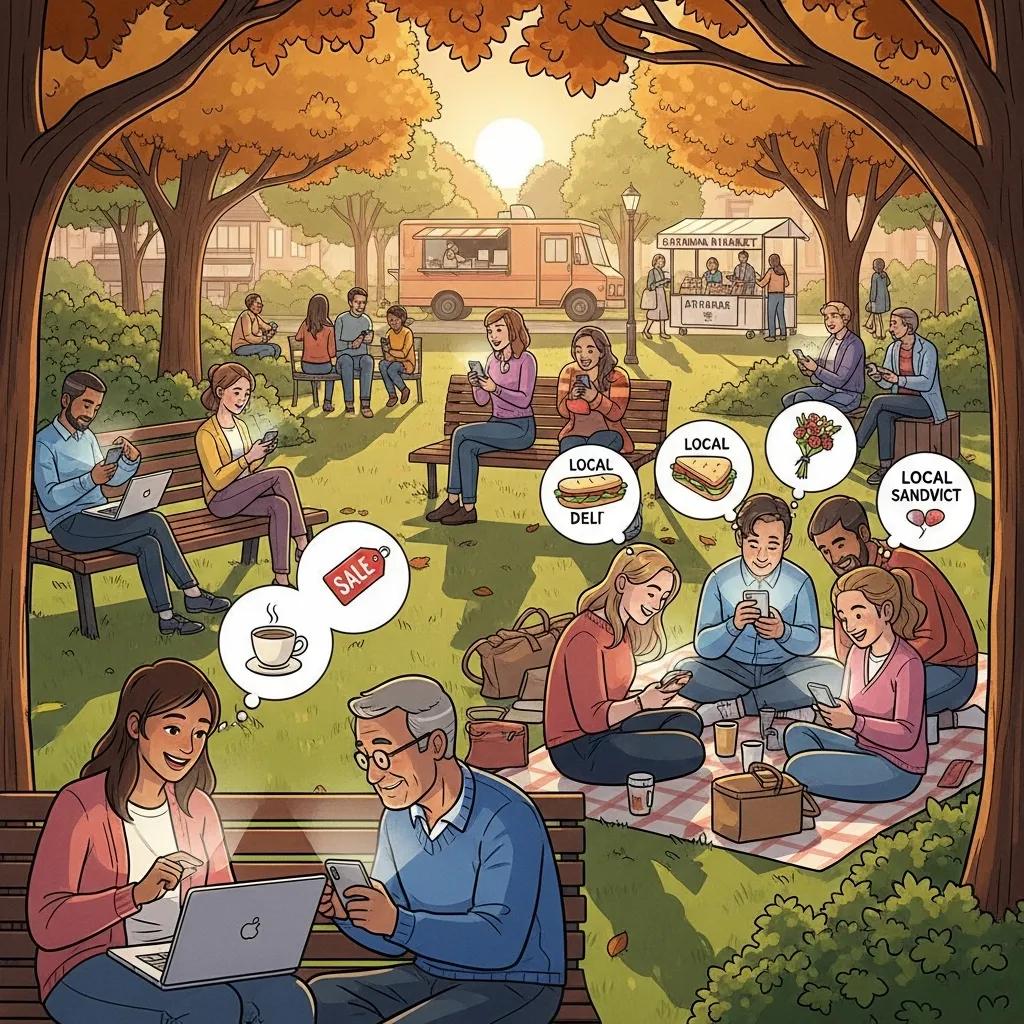 Community members using digital devices to connect with local businesses