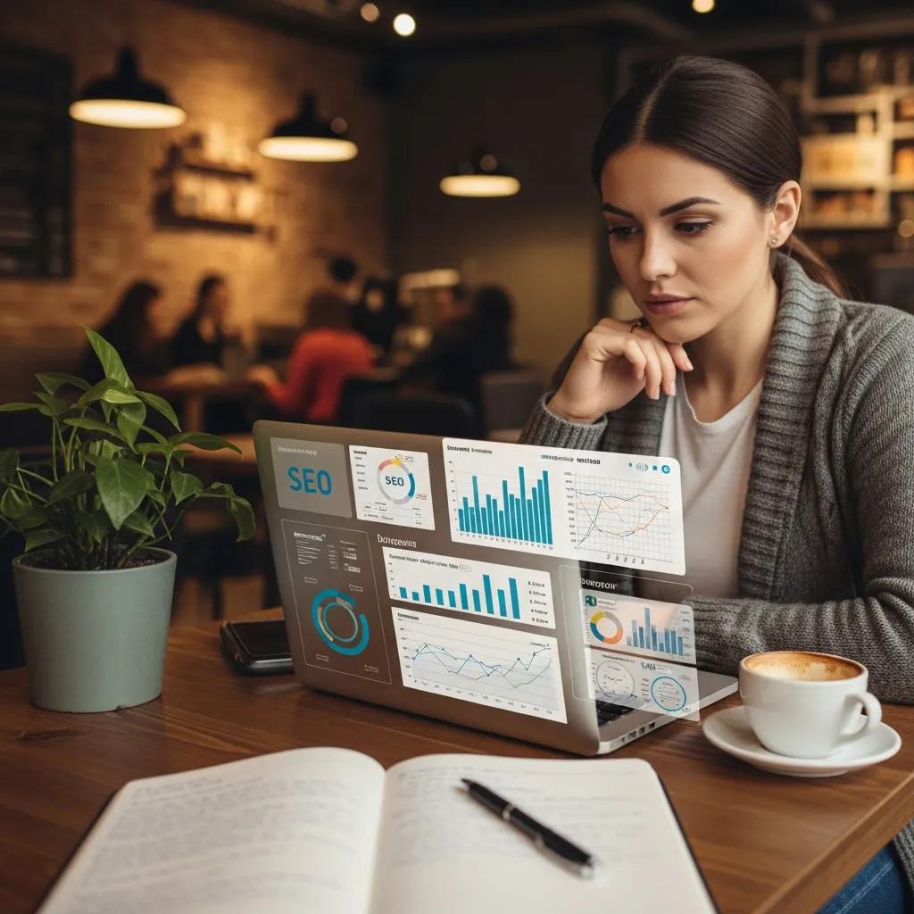 Local business owner reviewing SEO strategies in a coffee shop