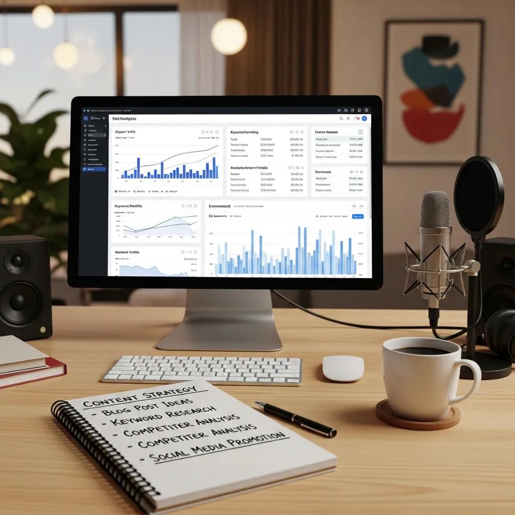 Workspace with SEO analytics and content strategy materials